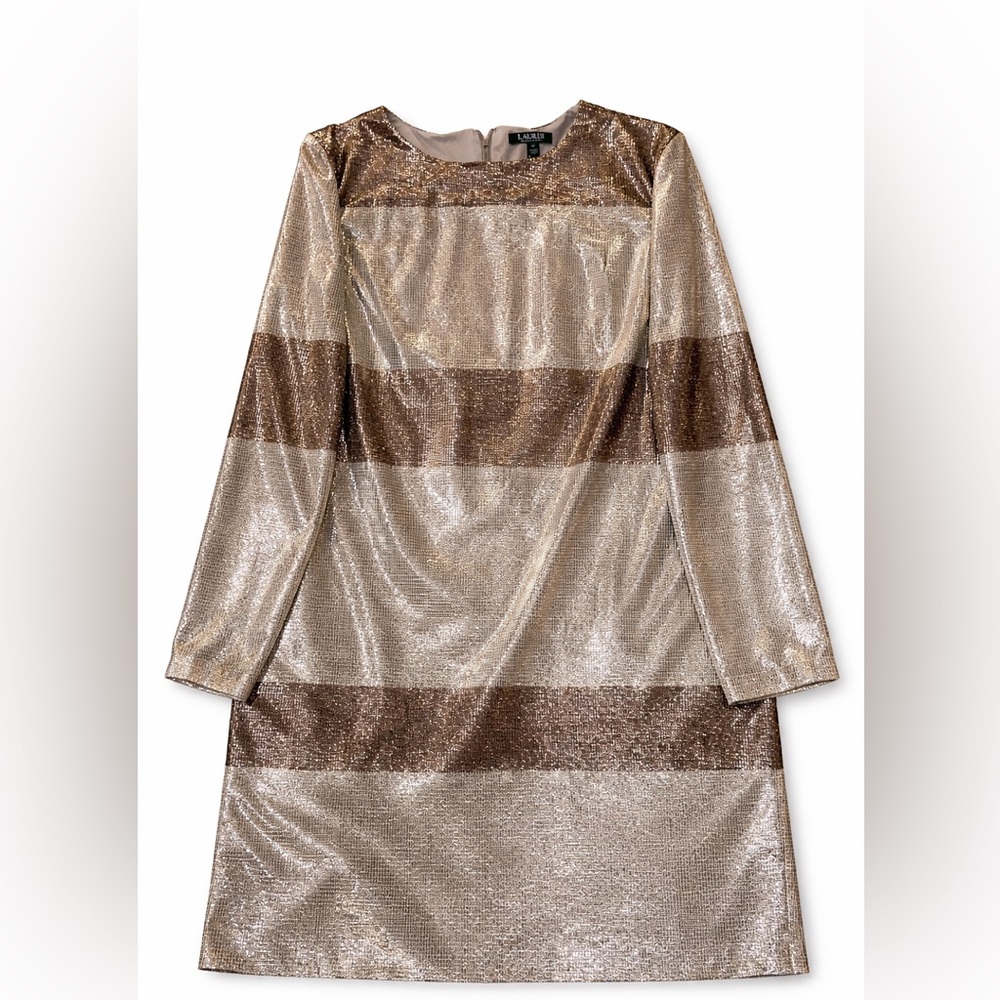 Polo Ralph Lauren Metallic Gold Silver Shimmer Dress | Sz 16 | Luxe Evening Glam